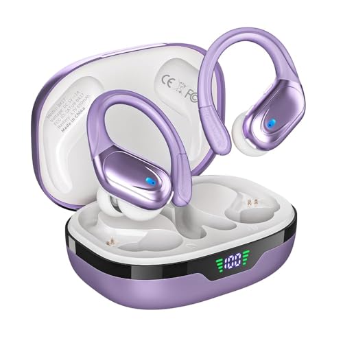 HAOYUYAN Wireless Earbuds Bluetooth 5.3 Headphones with 80H Playback, IPX7 Waterproof Over Ear Buds with LED Power Display for Sports Running Workouts (Purple)