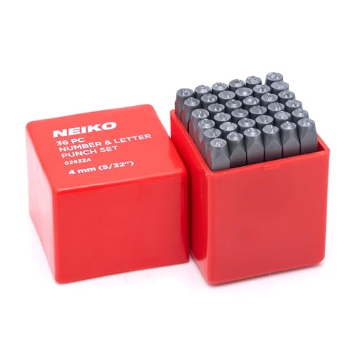 Image of NEIKO 02632A Number and Letter Punch Set with Heat-Treated Steel Punches, Imprinting & Arts and Crafts, 5 /32 inch (4 MM) Shaft, 36 Pc Stamp Set, Uppercase Letter & Number Punch Set (A-Z / 0-8 / inch& inch)