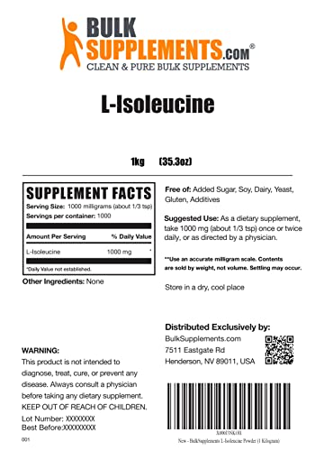 Bulksupplements.com L-Isoleucine Powder - Amino Acids For Immune Support, Bcaa Supplement - Unflavored, Gluten Free - 1000Mg Per Serving (1 Kilogram - 2.2 Lbs) #TOP1