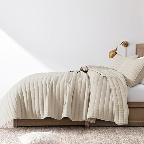 ROARINGWILD Neutral Beige Twin Size Quilt Bedding Sets with 1 Pillow Sham, Lightweight Soft Bedspread Coverlet, Quilted Blanket Thin Comforter Bed Cover for All Season, 2 Pieces, 68x90 inches