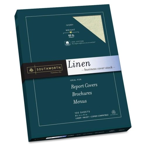Southworth 25% Cotton Linen Business Cover Stock - Letter - 8.50" x 11" - 65 lb - Recycled - Linen, Textured - 100 / Pack - Ivory