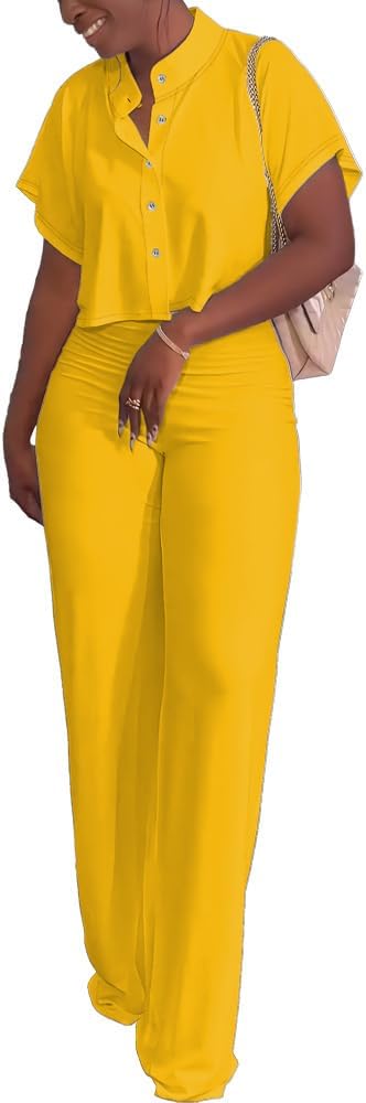 HBQ Women's Summer 2 Piece Outfits Casual Tracksuit Short Sleeve Button Down Crop Top Wide Leg Long Pant Lounge Sets - Image 2