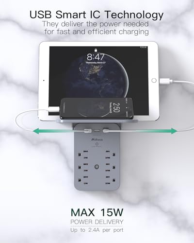 Image of Wall Outlet Extender with Shelf, Surge Protector 6 AC Multi Plug Outlet | 3 USB Charger Station Splitter Expander for Bathroom Home, Gray