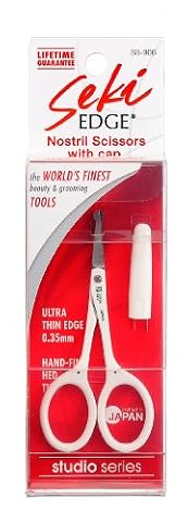 Seki EDGE SS-906 | Made in Japan | Trymer do włosków w nosie z nasadką ochronną | Nożyczki do pielęgnacji twarzy ze stali nierdzewnej | Ręcznie ostrzone, ergonomiczne, z zaokrąglonymi końcówkami