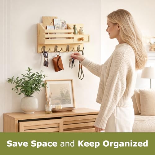 Image of Key Holder Wall Mount, Wooden Adhesive Mail and Key Organizer with Drawer, Small Shelf, 8 Hooks, 2 Installation Methods, Natural