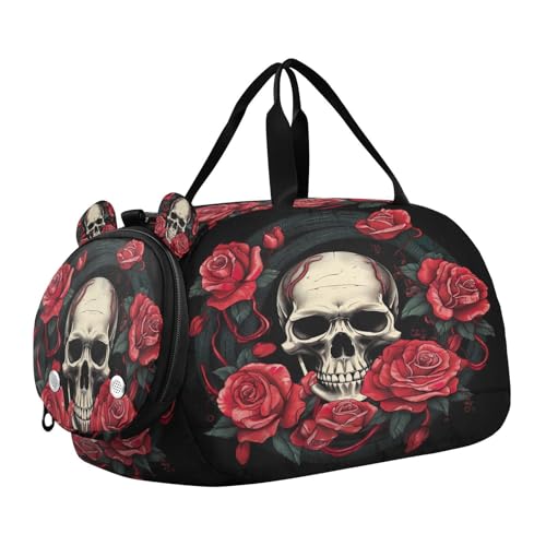 YETTASBIN Sport Travel Duffel Bag for Girls Boys, Skull Rose Large Waterproof Weekender Overnight Bag, Detachable Shoulder Strap Gym Bag with Shoe Compartment & Wet Pocket