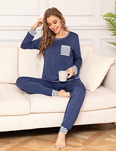 SWOMOG Women’s Pajamas Set Long Sleeve Sleepwear with Long Pants Soft Modal Loungewear Pj Set4
