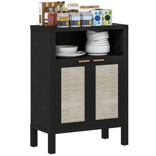 Image of HOMCOM Rattan Sideboard Buffet Cabinet with Storage, Modern Accent Cabinet with 2 Doors and Adjustable Shelf, Freestanding Buffet Table for Entryway Living Room, Distressed Black
