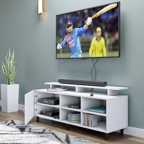 Image of VIKI Modern TV Unit for Living Room | Engineered Wood TV Cabinet with 1 Door Storage, 2 Open Shelves & Extension, Entertainment Unit, 140W x 48H x 40D cm | DIY | 1 Year Warranty (White)
