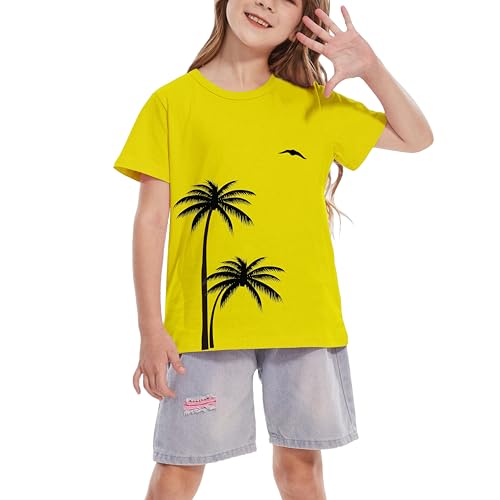 Image of Girls Hawaiian Print Beach T-Shirt Crew Neck Tops Summer Casual Short Sleeve Vacation Tees for Kids Teen 1-14 Years