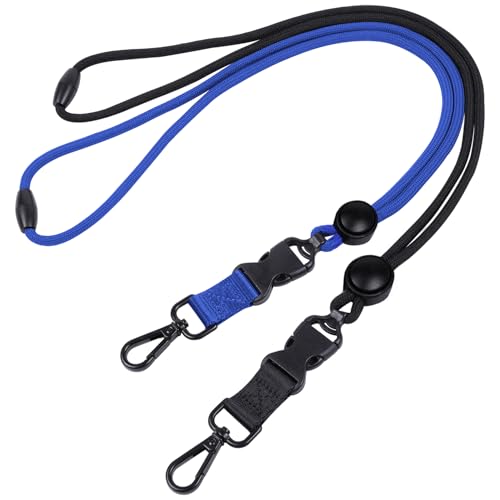 Masper Paquete de 2 cordones de seguridad negros y azules con deslizador de ajuste redondo, hebilla desmontable y gancho giratorio de metal, ideal para llaves, soportes de identificación, silbatos