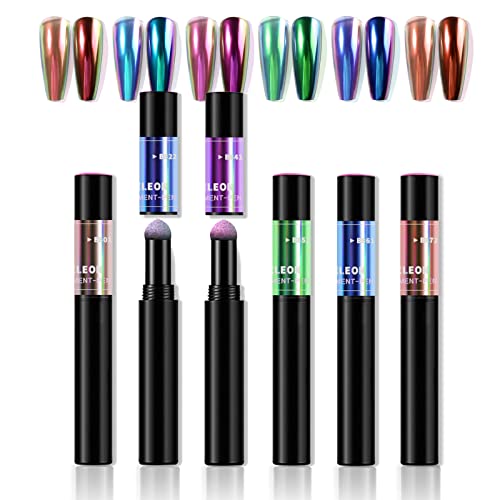 Joyeee Air Cushion Nail Powder Pen, 6 Pcs Effets Miroir Holographique Longue Durée Nail Manucure Coussin Magic Pen Laser Phantom Glitter Chrome Poudre À Ongles Aurora Nacré Manucure 0,6 g/boîte