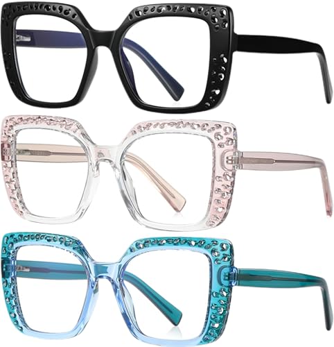 Image of ICARA 3 Pack Fashion Oversized Square Reading Glasses for Women, Retro Celebrity Style Blue Light Blocking Computer Readers