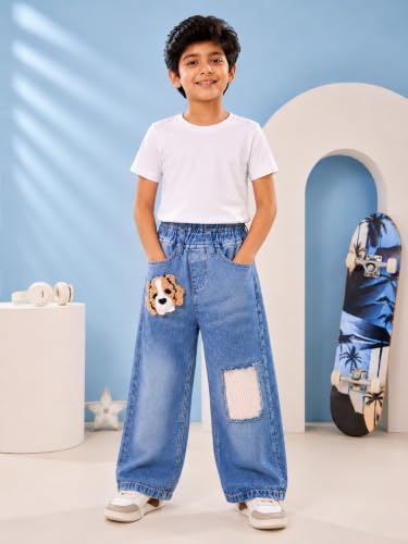 Image of KiddoPanti Boys Baggy Jeans | Stretch Denim Wide Leg Jeans | Elastic Waist Casual Denim Pants | Cotton Blend Loose Fit with 4 Pockets | Kids Street wear | 2-14 Years