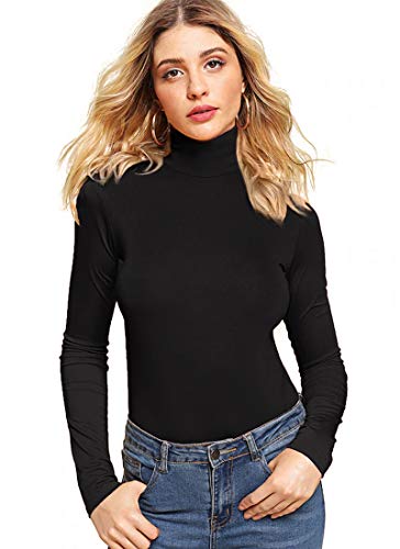 VIIOO Womens Basic Plain Soft Cotton Turtleneck Long Sleeve T Shirt(Black,S)