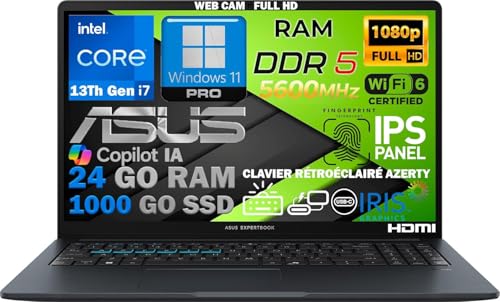 ASUS Ordinateur Portable Intel Core i7 13ᵉ Gén 10 Cœurs, RAM 24Go DDR5, SSD 1To, Écran 15.6