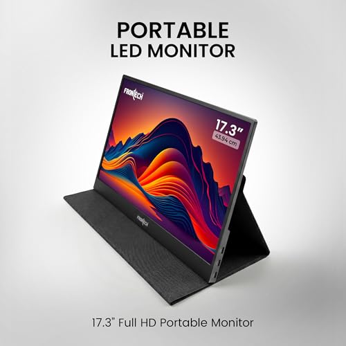Image of FRONTECH 17.3 inch Portable LED Monitor | Full HD 1920x1080 IPS Display | 60Hz Refresh Rate | Mini HDMI & Dual Type-C Ports | Built-in Speaker | Kickstand Cover | External Laptop Monitor (MON-0084)