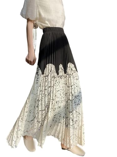 Women A-Line Elastic High Waist Lace Patchwork Pleated Skirt Summer Thin Loose High Waist Skirt3