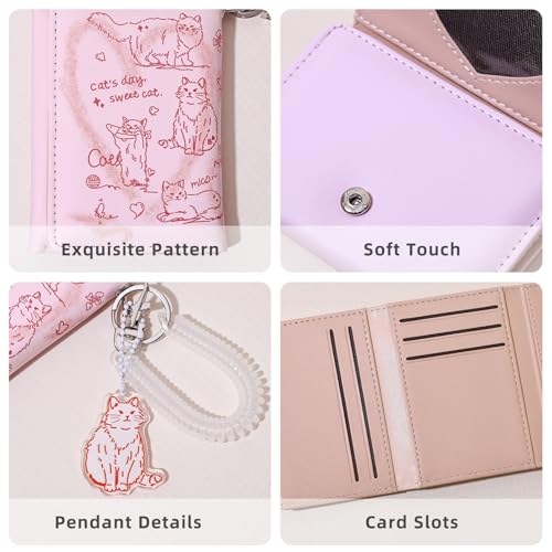 Wallet Women, Cute Pink Cat Ladies Wallet, Small Trifold Wallets Woman Business Credit Card Holder Purse with ID Window for Cash (Cute Cat)3