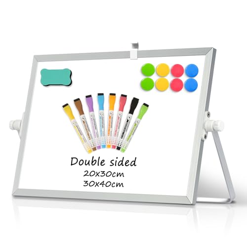 DOLLAR BOSS Magnetic Desktop Whiteboard 20x30cm Double Sided Dry Erase Small White Board with Stand A4 Mini Whiteboard 8 Pens 1 Eraser for Home Office Back to School Supplies