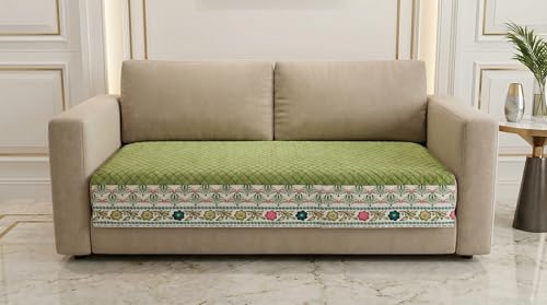 Image of Velvet Quilted Sofa Cover Mat Seat & Back, 2 Seater, L46in H32in, Green Color,Anti Skid Backing, 6in Hanging Strap Design, Washable Soft, Anti Slip, Separate, Style -Green-S2