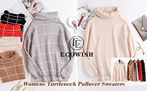 Image of ECOWISH Women Fall Pullover Sweater Turtleneck Plaid Long Sleeve Loose Casual Chunky Checked Knit Winter Sweaters Jumper Tops