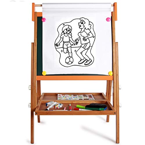 Agirlgle Art Easel for Kids Made of Bamboo Double-Sided Whiteboard & Chalkboard Standing Easel Kids Painting and Drawing with Bonus Paper Roll Magnetics Alphabet and Other Accessories