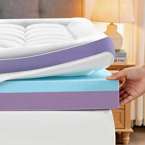 SurChic 5 Inch Dual Layer Memory Foam Queen Mattress Topper - 2'' Pillow Top Mattress Pad for Back Pain and 2'' Support Foam & 1'' Cooling Gel Memory Foam, Extra Thick Medium Support Bed Topper