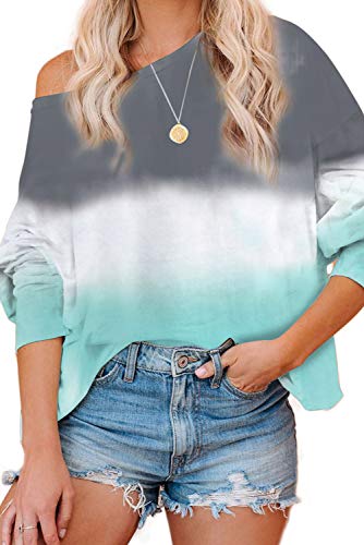 Eytino Pull à manches longues imprimé à épaules dénudées pour femme - Bleu - Taille L Cover