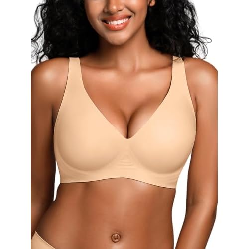 S-L Deep-V Jelly Bras for Women Seamless Wireless Bralette with Support, Comfortable Padded T-Shirt Bra No Underwire Skin Medium