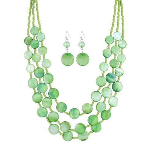Rosslyons Multi layered Chunky Beaded Necklaces for Women Boho Colorful Shell Strand Statement Necklaces With Earrings Set Fashion Costume Jewelry Gifts (Green)