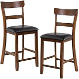 COSTWAY Counter Height Bar Stools Set of 2, 25.5 Inch Mid Century Modern Wooden High-top Chairs with Backrest, Rubber Wood Legs, Faux Leather Seat, Farmhouse Barstools for Kitchen Island, Pubs