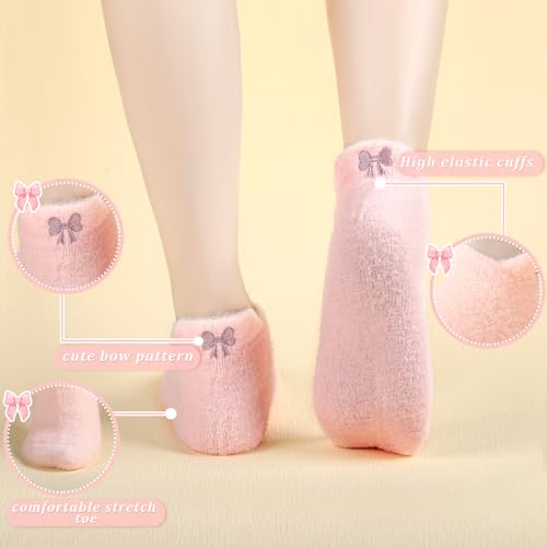 Image of Skicuff 5 Pair Women Bow Fuzzy Socks Coquette Cozy Fluffy Ankle Slipper Socks for Women Girls Gifts(Pink)