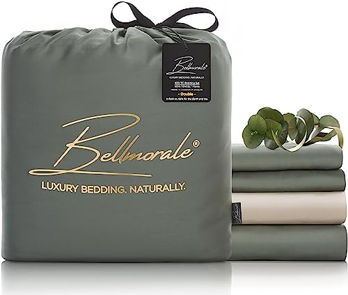 Bellmorale Eucalyptus Silk Bed Set | 400 Thread Count Luxury Tencel Softer than Bamboo Bedding | Soothing Natural Sateen Sheets | Lyocell Duvet Cover Sets | Green/Beige, King Size