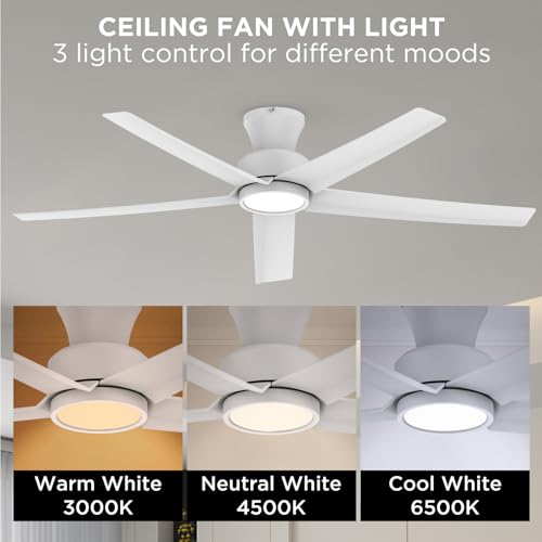 OCIOC 52 Ceiling Fan with Lights, Quiet DC Motor, Reversible, 3CCT, Flush Mount - Ideal for Indoor/Outdoor Use