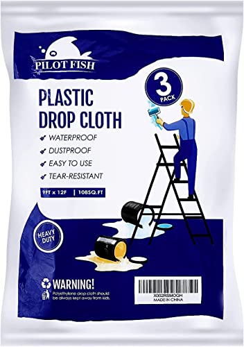 3 Pack Plastic Drop Cloth For Painting, Plastic Painting Tarp Heavy Duty 9 Feet By 12 Feet, Painters Plastic Tarp Waterproof Clear Cover, Thick Disposable Paint Floor Cover For Furniture, Wall #TOP9