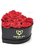 preservativo lazo rojo 11-12 ROSAS PRESERVADAS ROJAS en caja de regalo negra corazón, ¡listas para regalar!. Medidas de la caja de flores: 13cm x 18cm x 18cm. La cantidad de rosas depende del tamaño de la rosa en el momento de elaboración para rellenar la caja.