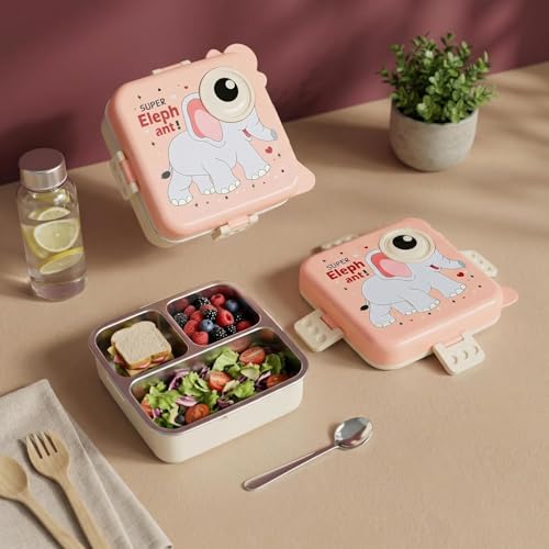 Image of TEKCOOL Kids Lunch Box for School, Stainless Steel Insulated Tiffin Box with Spoon, Leak Proof 3 Compartments Bento Box, BPA Free Food Grade Lunch Box for Kids, 1120 ml + 70 ml (Pink, Super Elephant);
