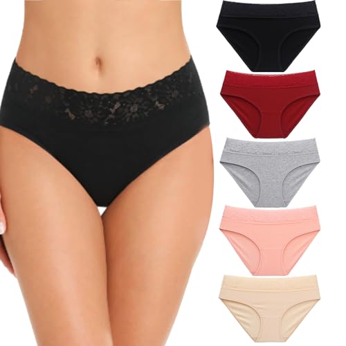 Cameway 5 Pack Womens Underwear Cotton Bikini Panties Lace Soft Hipster Panty Ladies Stretch Full Briefs