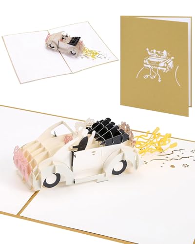 TPZORJX Tarjeta desplegable de coche de boda, Tarjeta de boda 3D con coche Just Married, elegante tarjeta de felicitación para boda y matrimonio, regalo de dinero para viajes de boda