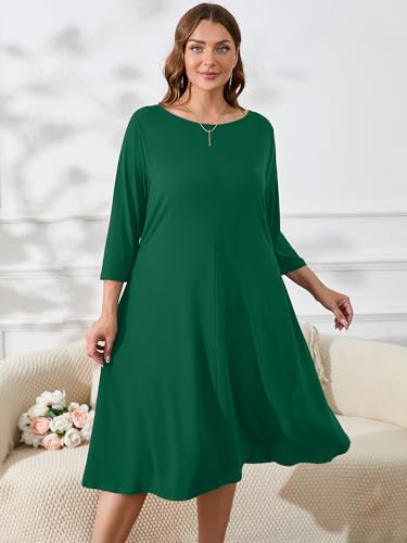 Image of AusLook Women's Plus Midi Dresses Crew Neck A Line 3 /4 Sleeves Casual Elegant Loose Wedding Vacation Dress with Pockets