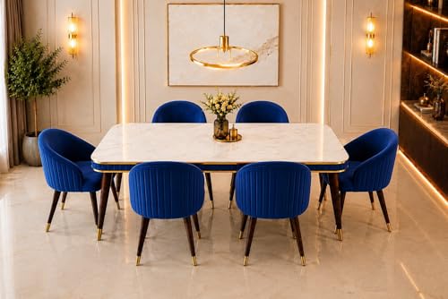 Image of WOODEN SPACE 6-Seater Wooden Dining Table Set | Nano Composite Marble Top | Solid Wood Base | Modern Dining Room Furniture with 6 Chairs (Navy Blue)