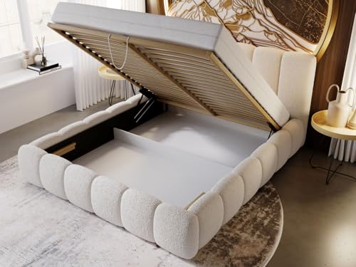 GRAINGOLD Cloud Bett 140x200, Polsterbett mit Bettkasten, Polsterbett mit Stauraum, Bouclé-Stoff, mit Lattenrost, mit Kopfteil, ohne Matratze (Beige, 140x200)