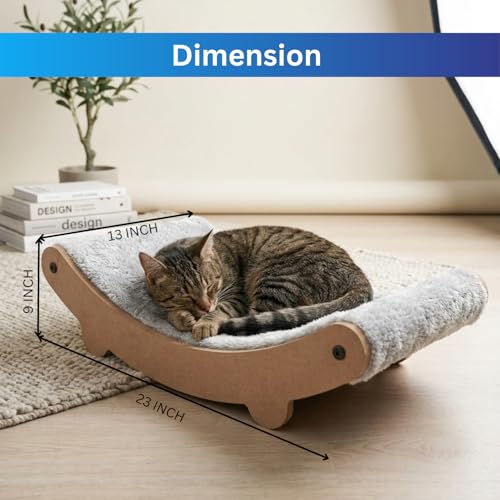 Image of Cat Hammock Bed with Plush Cushion, Wooden Curved Rocker Design, 23x13x6 Inch, Premium Comfort Lounger for Cats (FURR-162) (Grey)