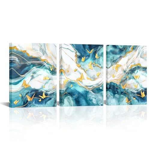 HOMEOART Abstract Canvas Wall Art Teal Marble and Gold Butterfly