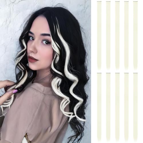 FESHFEN Colored Clip in Hair Extensions - 10 PCS Blonde Highlighted Hair Piece Straight Synthetic Clip in Hairpieces for Women 22 inch