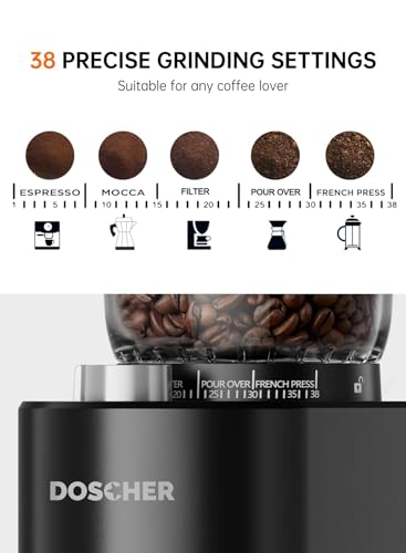 طاحنة القهوة المخروطية ذات الأزيز المخروطي V60 من DOSCHER، 38 إعداد طحن قابل للتعديل، مؤقت دقيق، تصميم مضاد للكهرباء الساكنة - مثالية للإسبريسو والتقطير والسكب أوفر، والمشروب البارد، والكبس الفرنسي