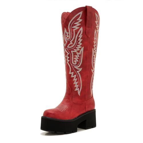 Women's Red Platform Cowgirl Boots with Zipper – Western Knee-High Chunky Sole Cowboy Boots Size 10