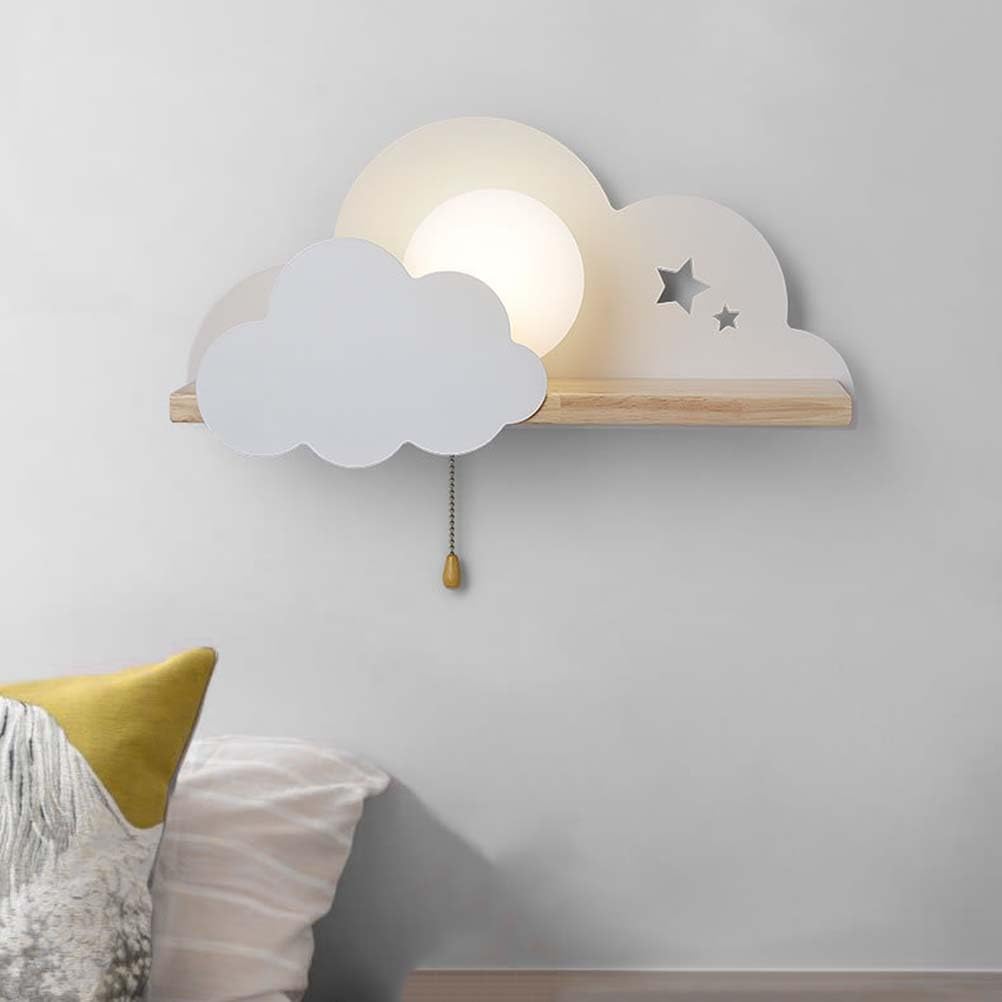 Lampa ścienna Cloud z przełącznikiem, Wewnętrzna lampa ścienna do pokoju dziecięcego Lampka nocna E27 ze szklanym kloszem Kreatywna karykaturalna chmura z drewnianą półką lampa dekoracyjna