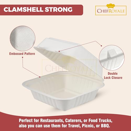 CHEF ROYALE 6x6 Inch Pack of 50 Eco-Friendly Clamshell Bagasse Takeaway Burger Boxes - Ideal for Takeaway, Food Delivery, Outdoor Events, Catering, Festivals, and Markets (6x6) - Image 2